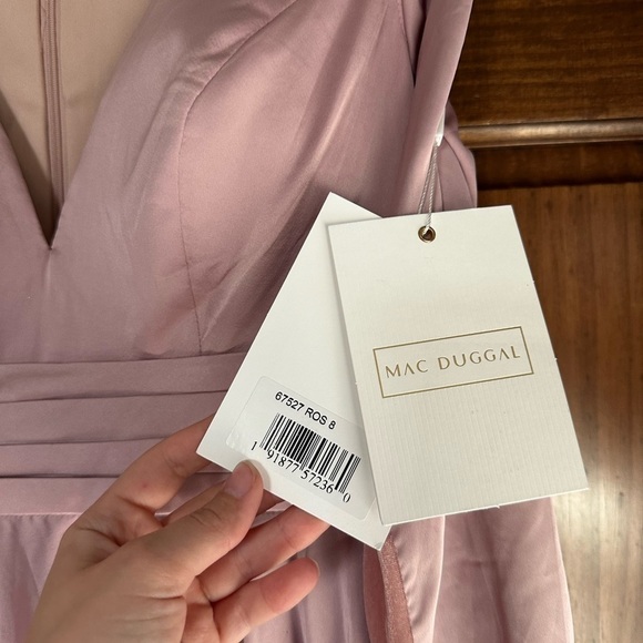 MAC DUGGAL Plunge Neck Satin A-Line Dress In Rose - Picture 5 of 6